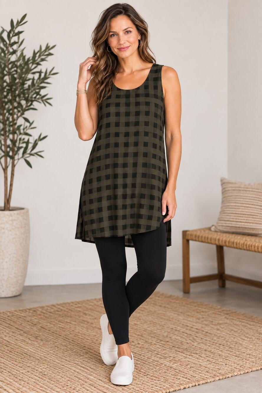Eileen Fisher sleeveless silk tunic olive green plaid pattern top Large luxury